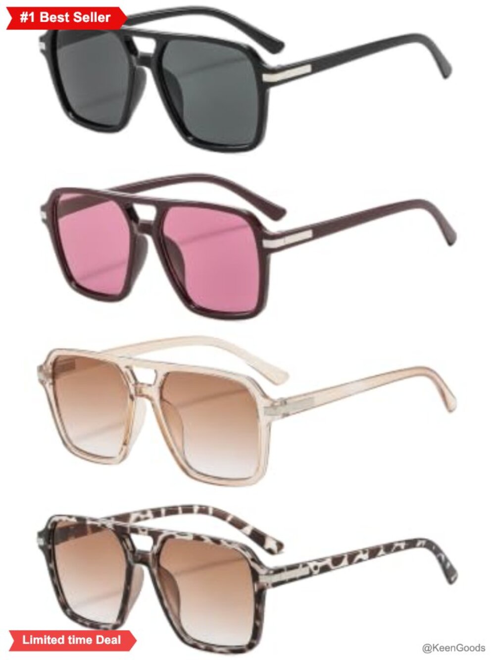 Retro Square Aviator Sunglasses UV400 Protection Lightweight Plastic 4 Pack